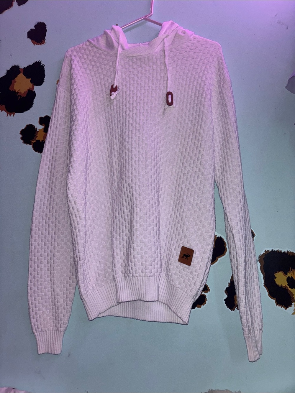 XL White Waffle Knit Hoodie Sweater